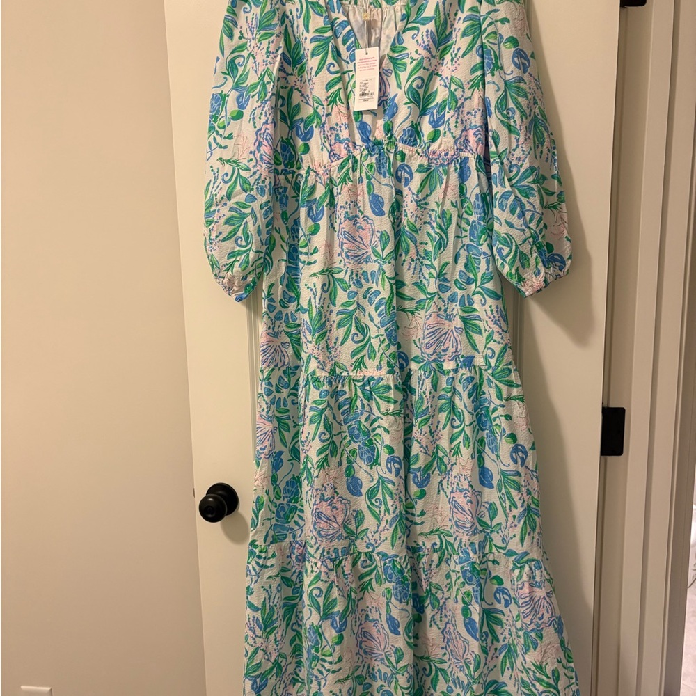 Lilly Pulitzer multi Tiered Maxi Dress in Blue, Green & Light Pink